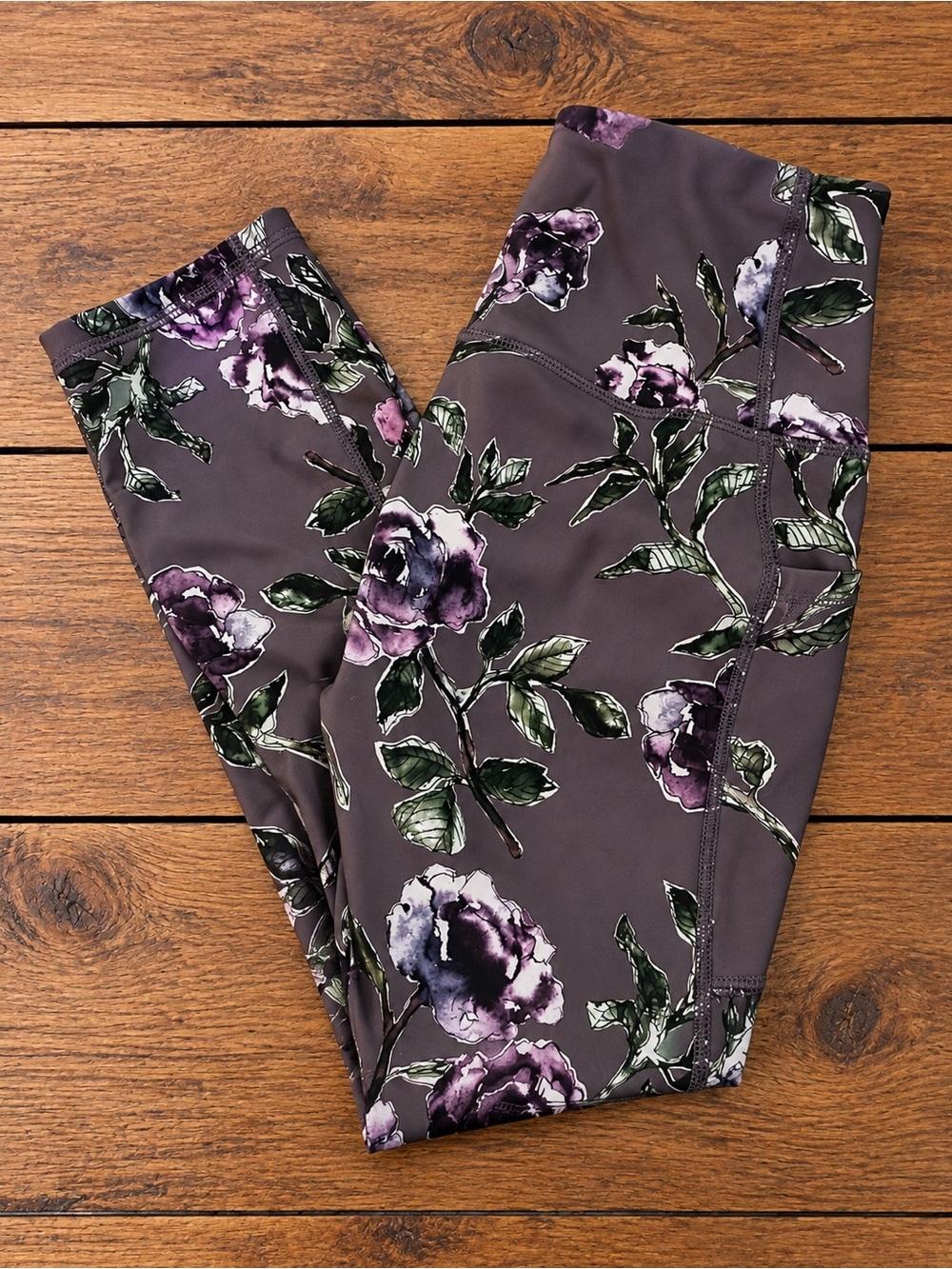 RBX Women’s Medium Floral High Rise Capri Leggings Purple Gray